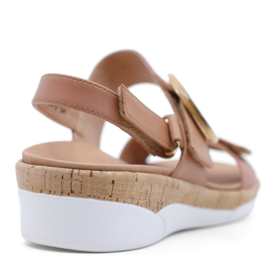 Tan brown sandal with cork wedge sole
