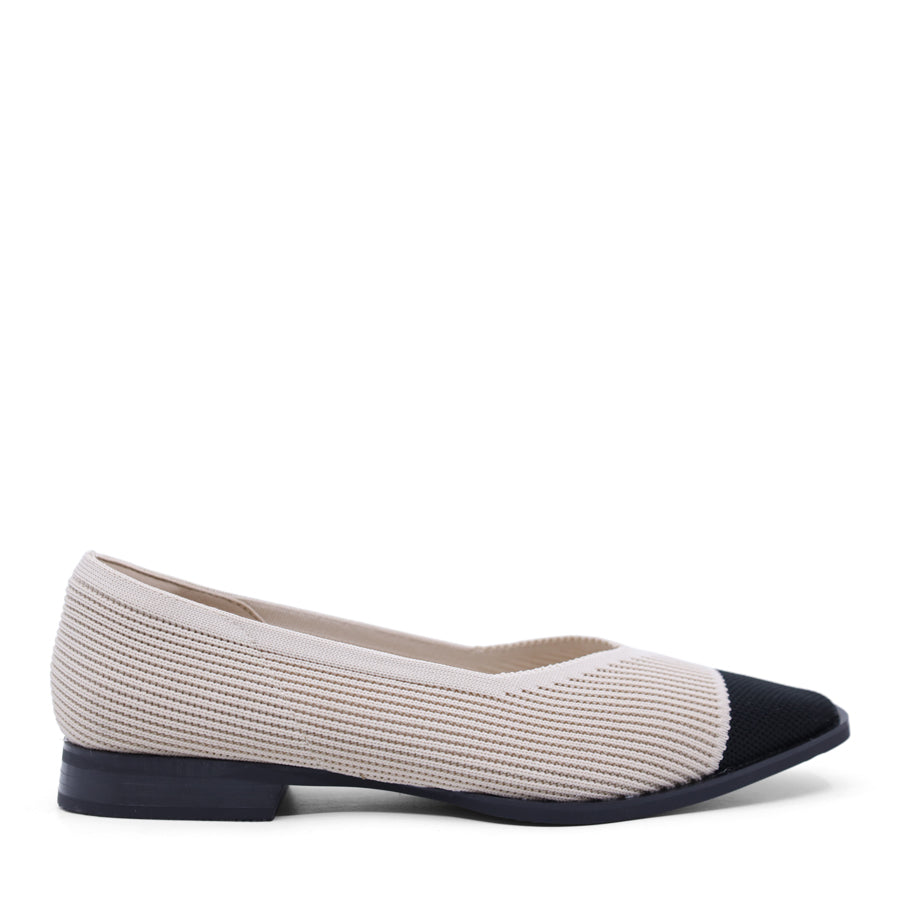 TAUPE SLIP ON FLAT WITH BLACK TOE CAP