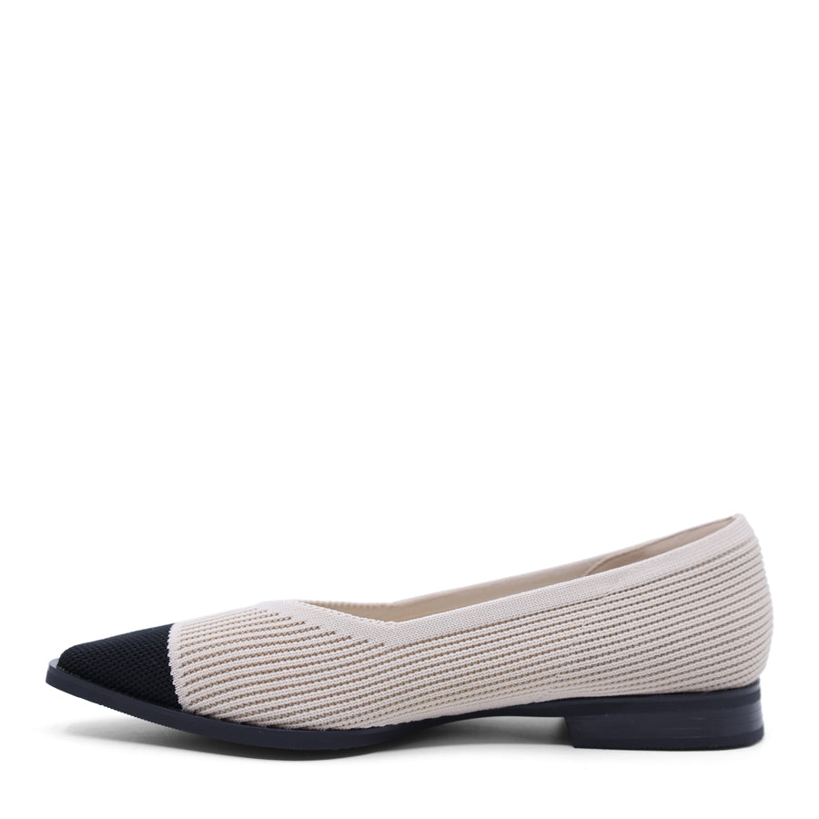 TAUPE SLIP ON FLAT WITH BLACK TOE CAP