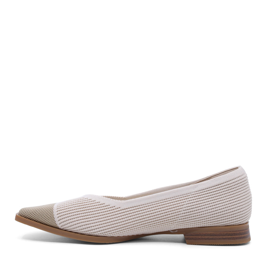 TAUPE SLIP ON FLAT WITH OLIVE TOE CAP