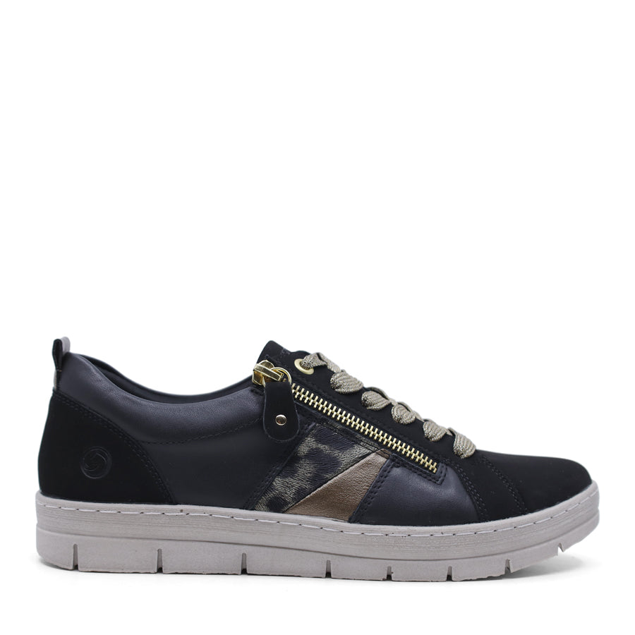 BLACK GOLD LACE UP ZIP UP FLAT SNEAKER