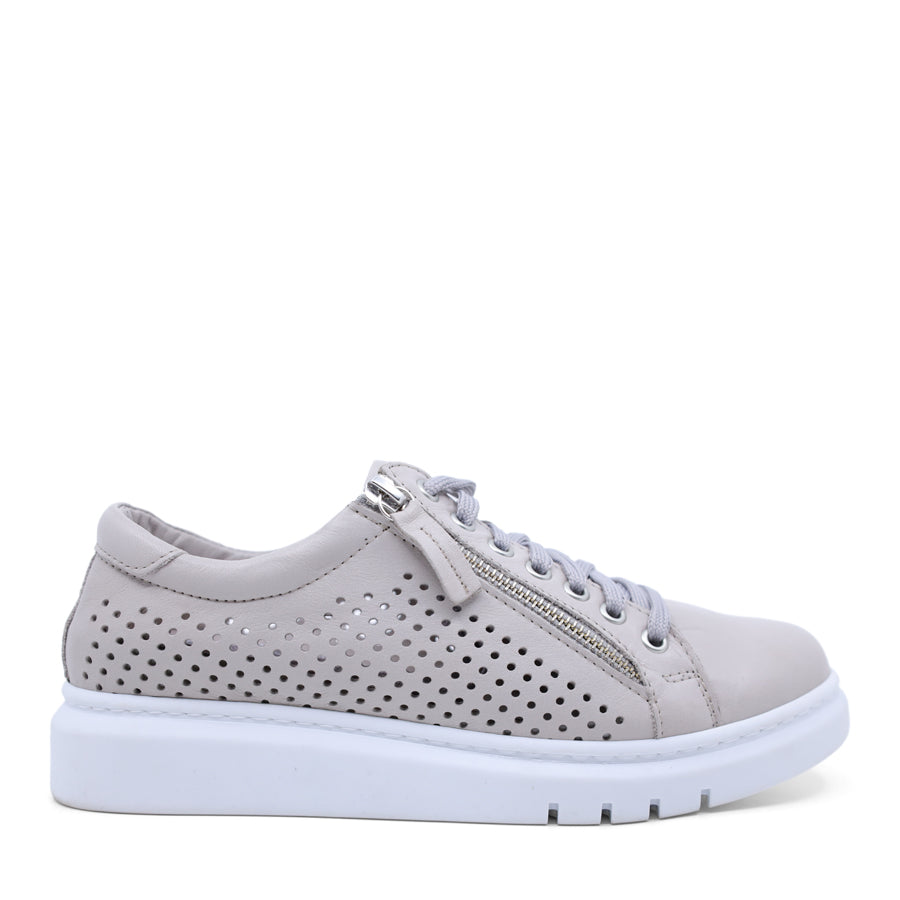 TAUPE GREY PERFORATED LEATHER UPPER LACE UP ZIP UP SNEAKER