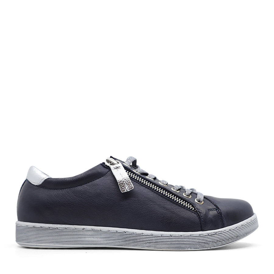 NAVY BLUE SILVER ZIP UP LACE UP SNEAKER