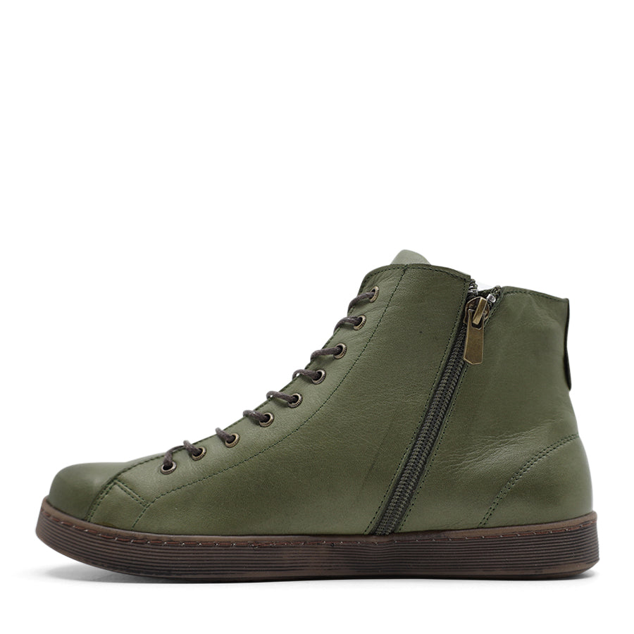 OLIVE GREEN LACE UP ZIP UP ANKLE BOOT