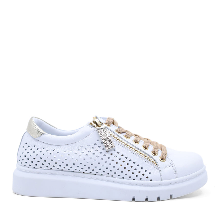TAUPE GREY PERFORATED LEATHER UPPER LACE UP ZIP UP SNEAKER
