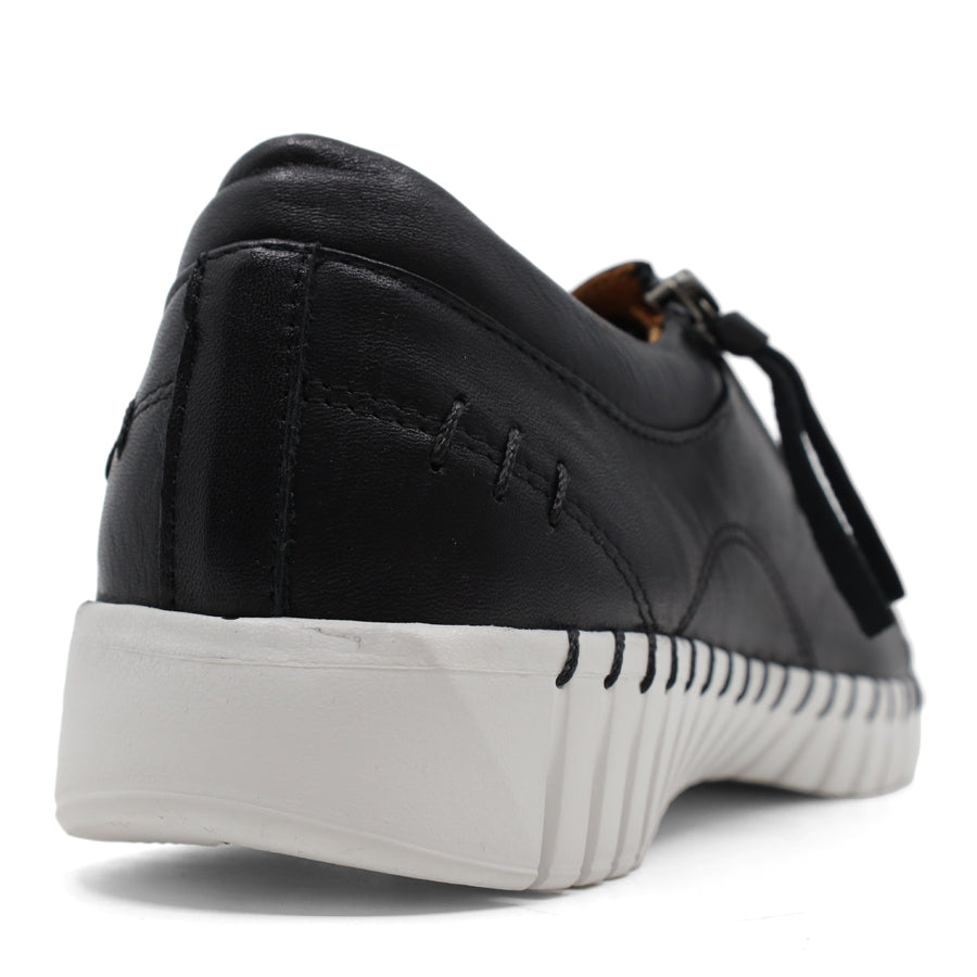 back view of black lace up sneaker with side zip and white sole