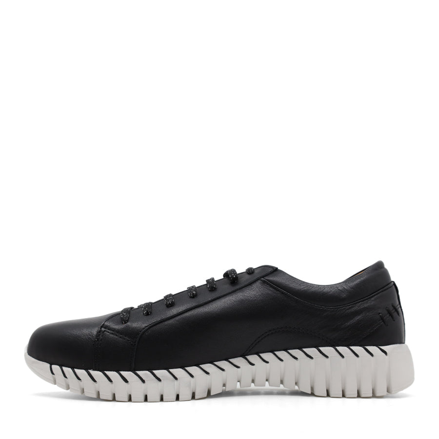 side view of black lace up sneaker with side zip and white sole