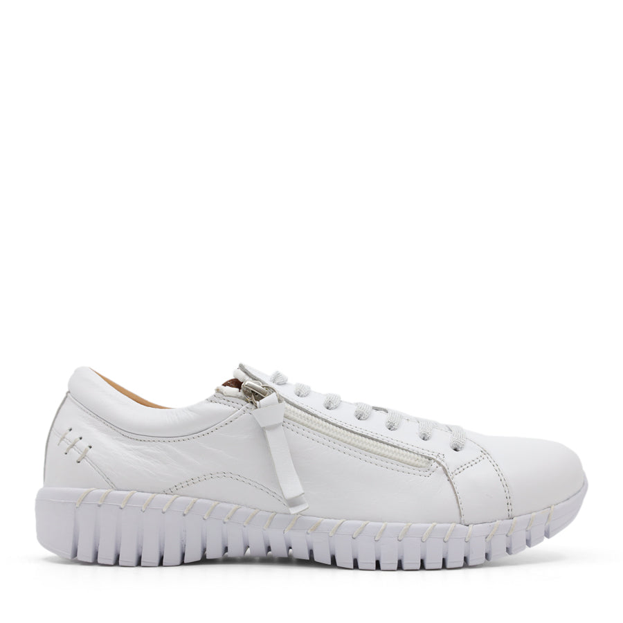 side view of white lace up sneaker with side zip