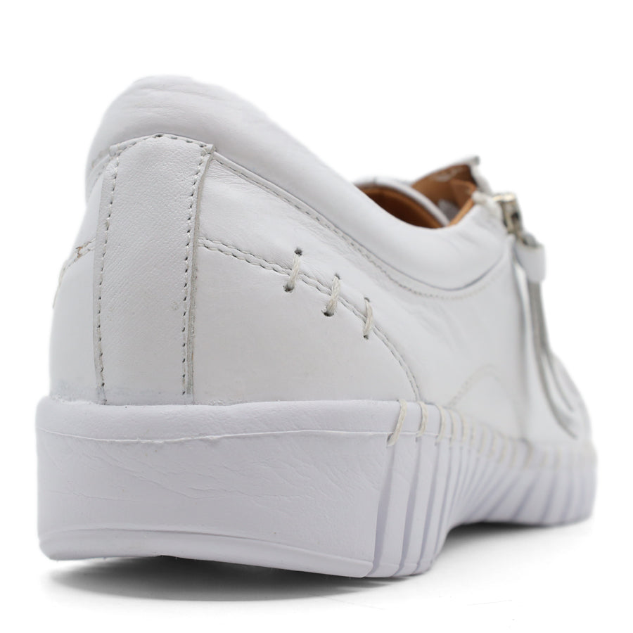 back view of white lace up sneaker with side zip