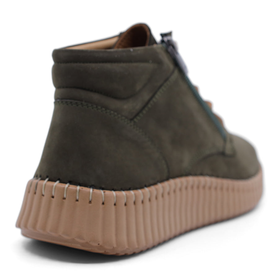 OLIVE GREEN SUEDE ZIP UP LACE UP ANKLE BOOT
