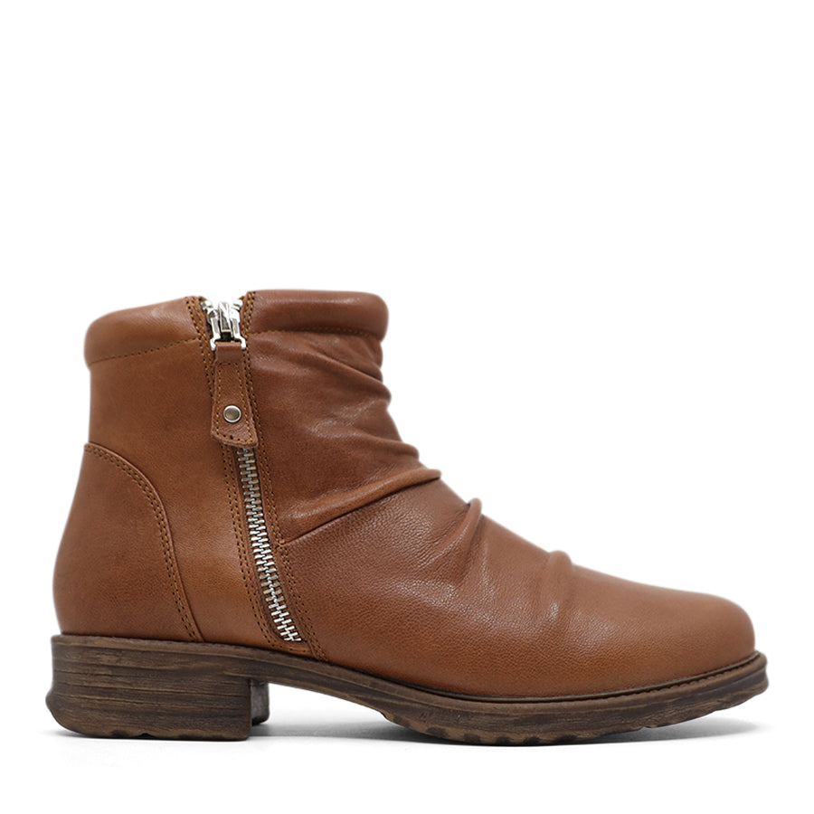 COGNAC TAN BROWN PULL ON ANKLE BOOT WITH ZIP