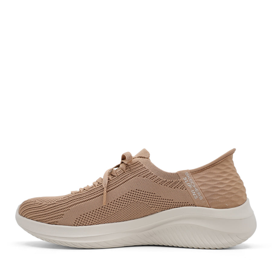 TAN LIGHT BROWN UPPER  WHITE SOLE SLIP IN LACE UP SNEAKER