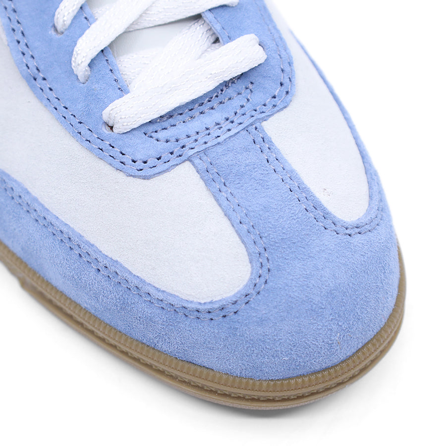 SKECHERS LACE UP TRAINER LIGHT BLUE WITH ORANGE UPPER