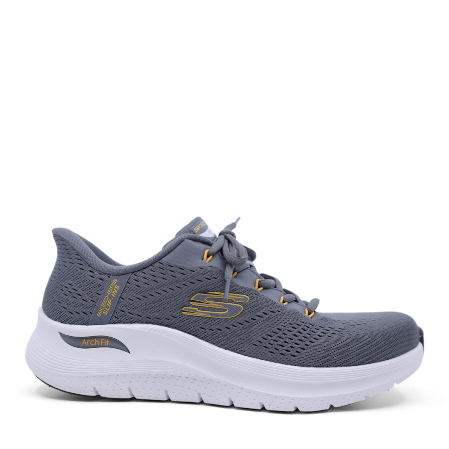 MENS SKECHERS CHARCOAL GREY AND YELLOW LACE UP SNEAKER