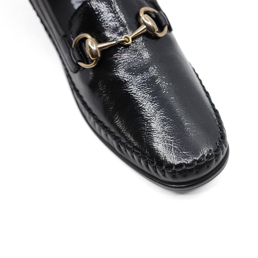 BLACK LEATHER PATENT GOLD BUCKLE SLIP ON LOAFER