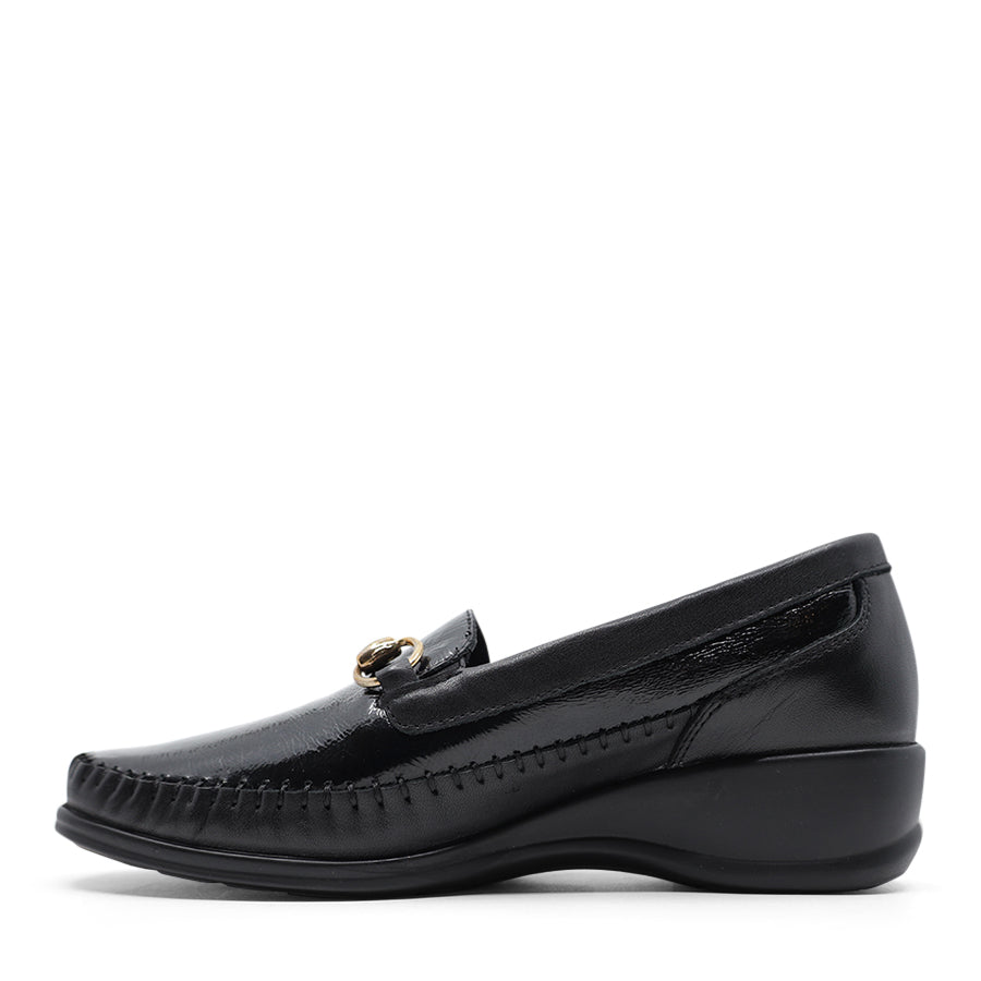 BLACK LEATHER PATENT GOLD BUCKLE SLIP ON LOAFER