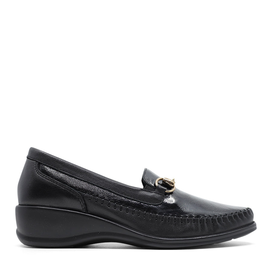 BLACK LEATHER PATENT GOLD BUCKLE SLIP ON LOAFER