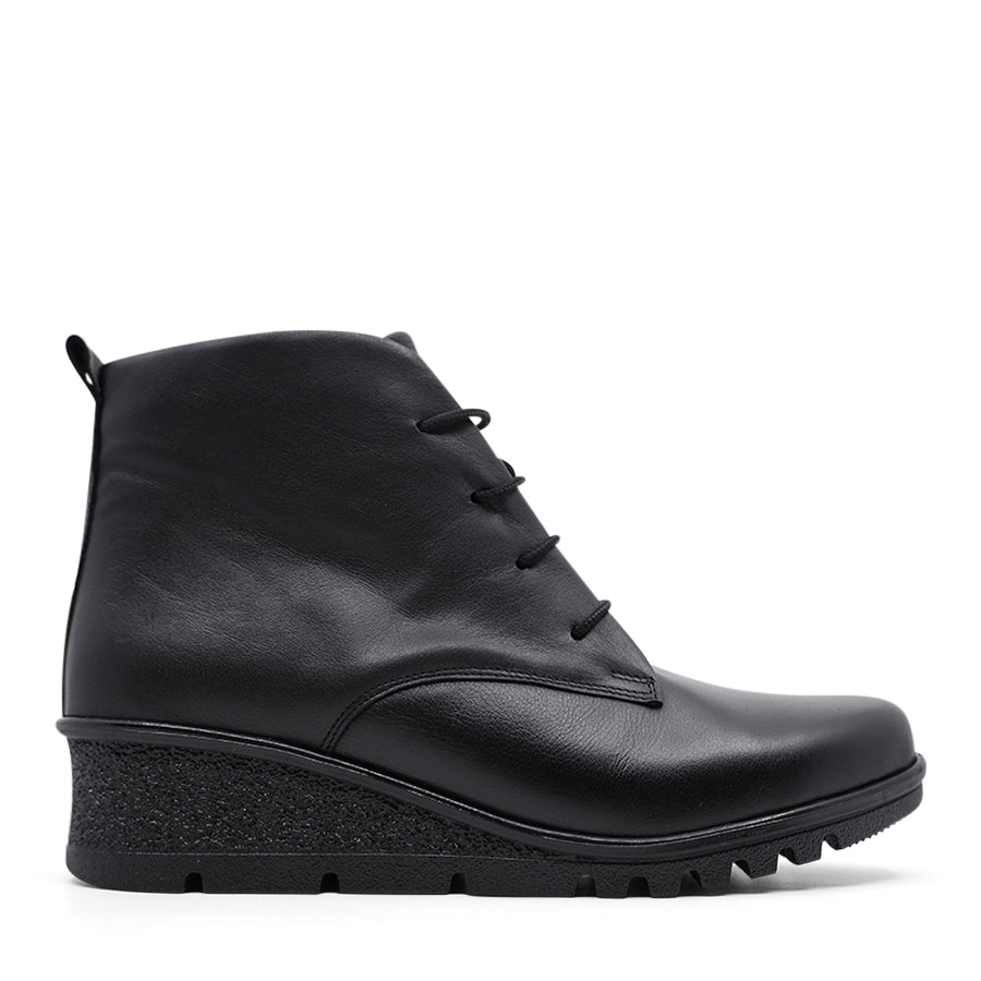 BLACK LACE UP WEDGE HEEL ANKLE BOOT SIDE ZIP