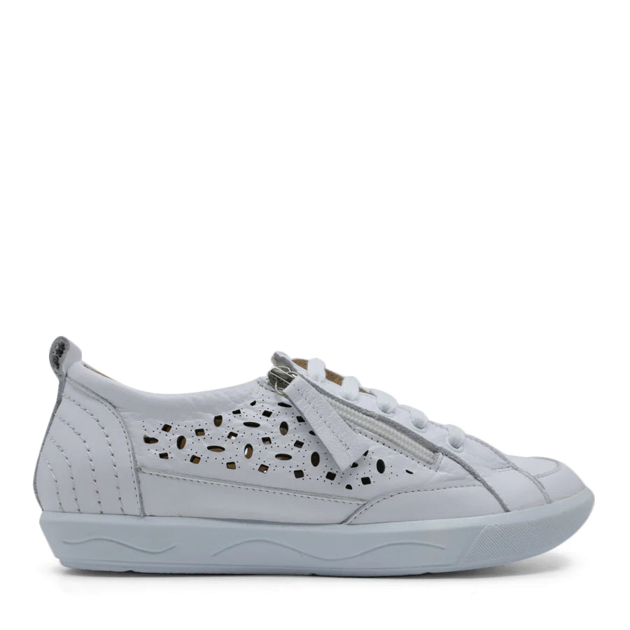 WHITE LACE UP LEATHER SNEAKER WITH SIDE ZIP AND LASER CUT DETAILING