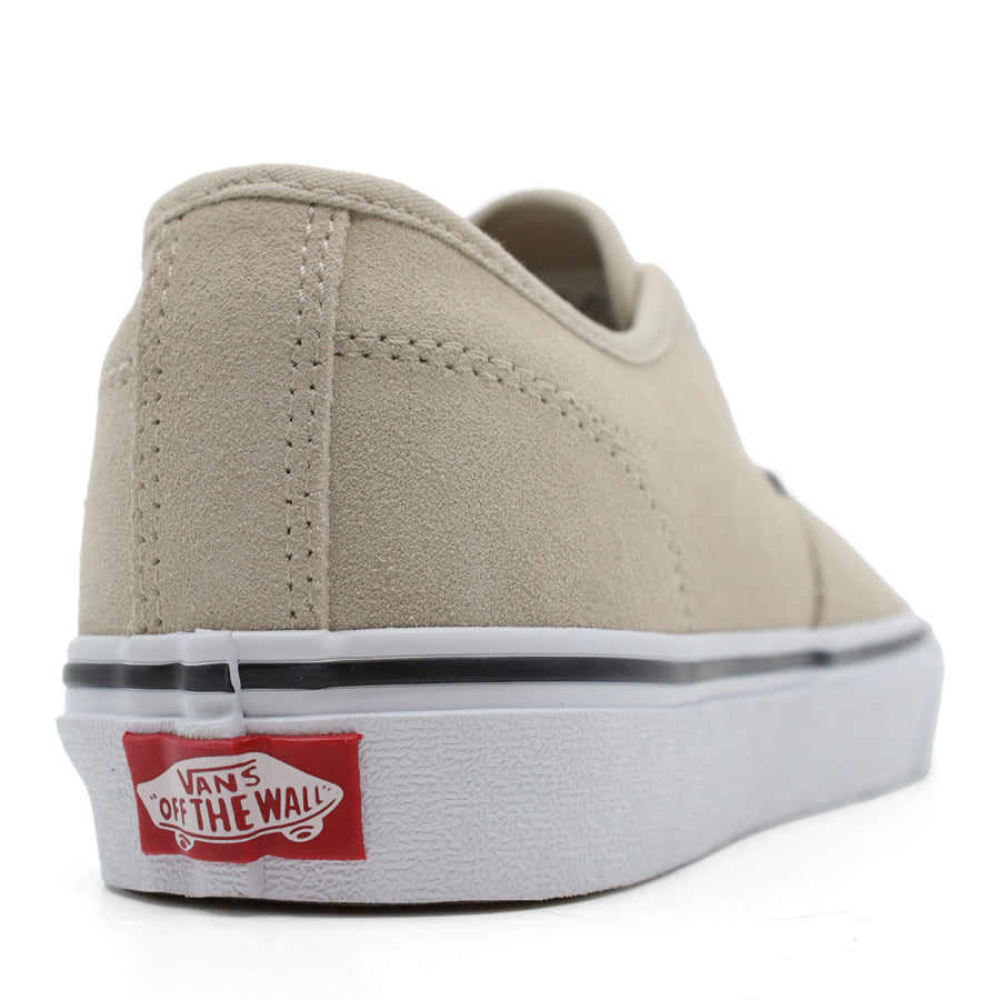 back view of leather suede sneaker, taupe &amp; white lace up with vans logo