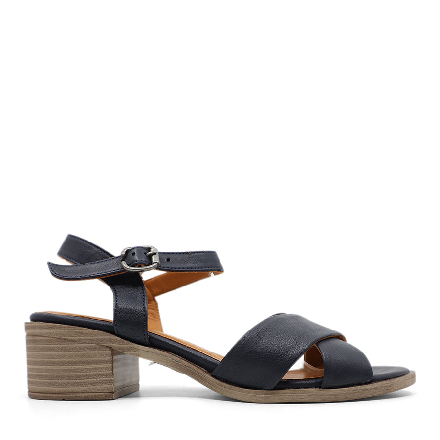 BLACK CROSSOVER TOE BUCKLE ANKLE STRAP HEEL SANDAL