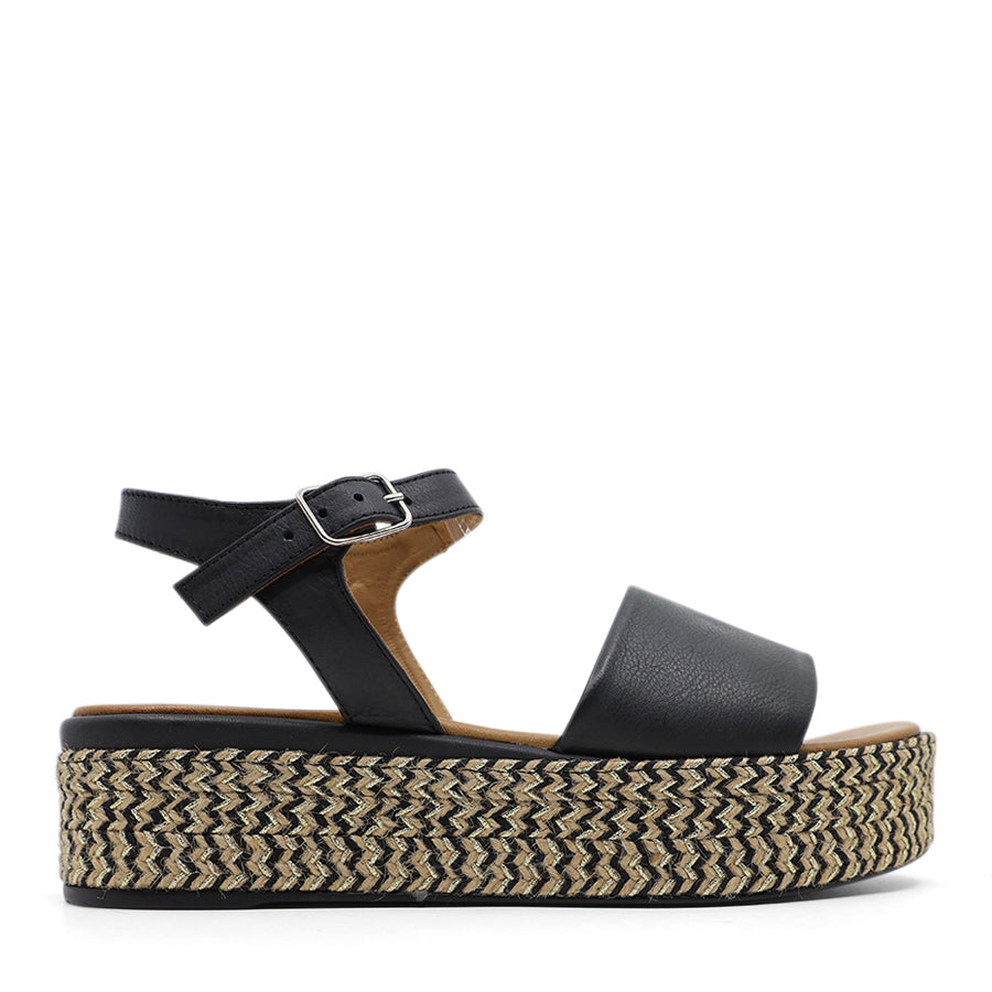 BLACK BUCKLE ANKLE STRAP WEAVE PATTERN PLATFORM SANDAL