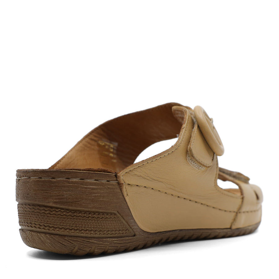 TAN SLIP ON SANDAL WITH ADJUSTABLE STRAPS VELCRO