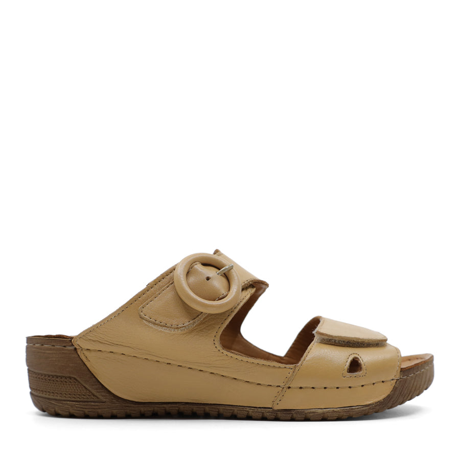 TAN SLIP ON SANDAL WITH ADJUSTABLE STRAPS VELCRO