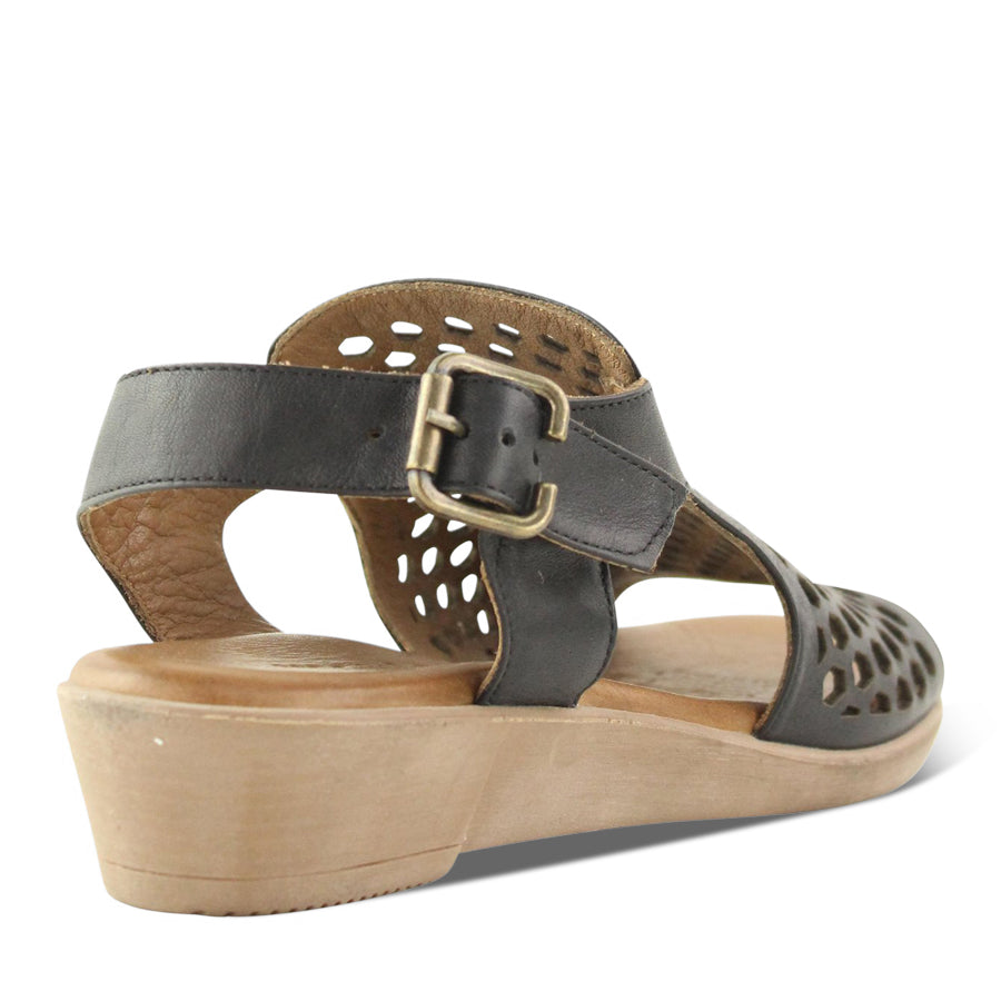 BLACK PUNCHED LEATHER ANKLE STRAP SANDAL