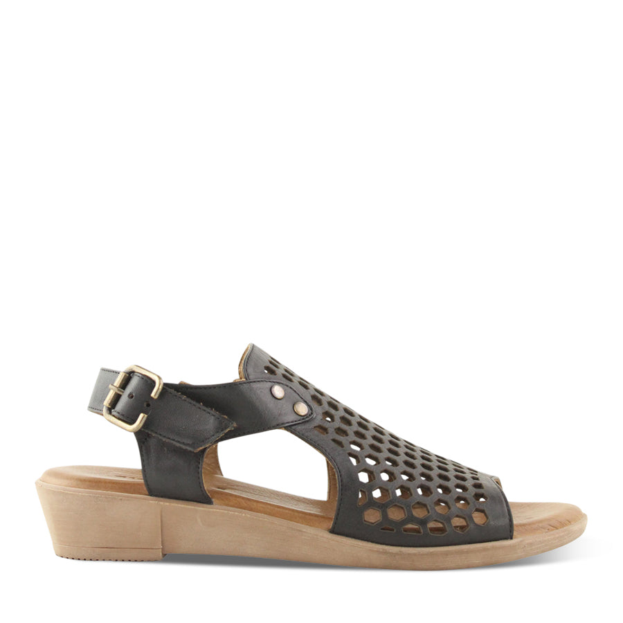BLACK PUNCHED LEATHER ANKLE STRAP SANDAL