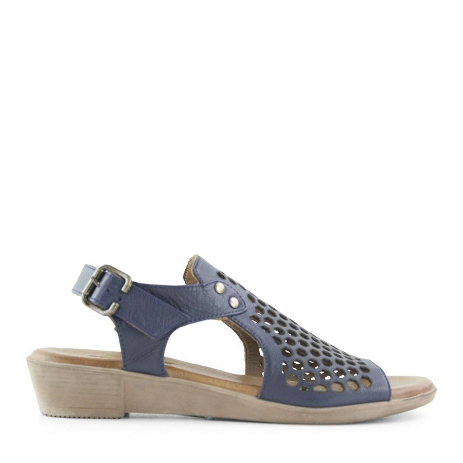NAVY BLUE PUNCHED LEATHER ANKLE STRAP SANDAL