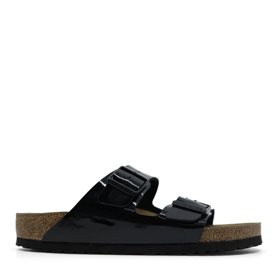 BLACK PATENT TWO STRAP SLIDE SANDAL