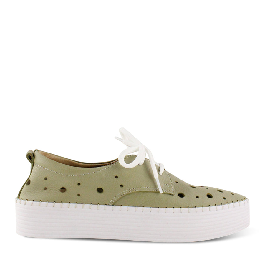 SCORPION GREEN PERFORATED LEATHER PLATFORM RUBBER SOLE LACE UP SNEAKER