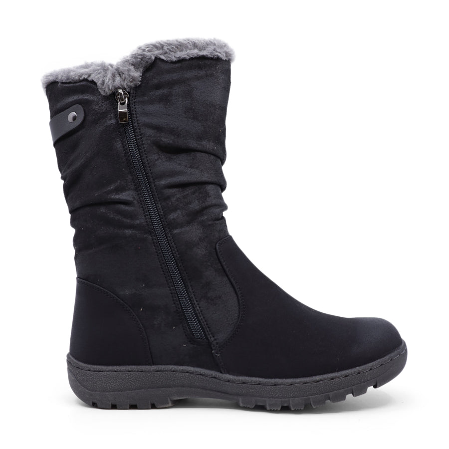 BLACK SUEDE ZIP UP MID CALF ANKLE BOOT