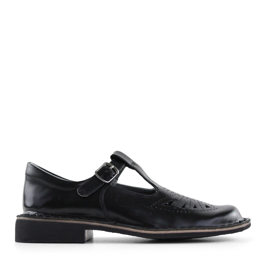 BLACK SHINY T BAR DRESS SCHOOL SHOE