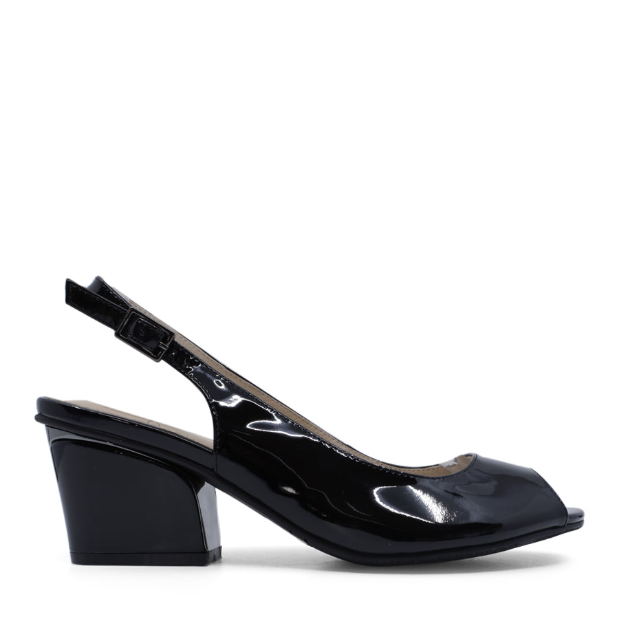 BLACK PATENT PEEP TOE ANKLE STRAP DRESS FORMAL HEEL