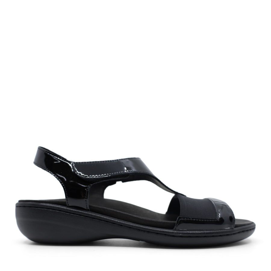 BLACK PATENT T BAR VELCRO ANKLE STRAP SANDAL