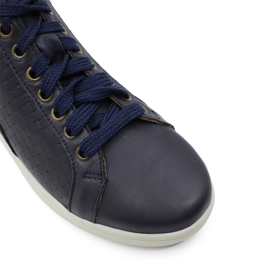 NAVY BLUE EMBOSSED LACE UP ZIP UP ANKLE BOOT