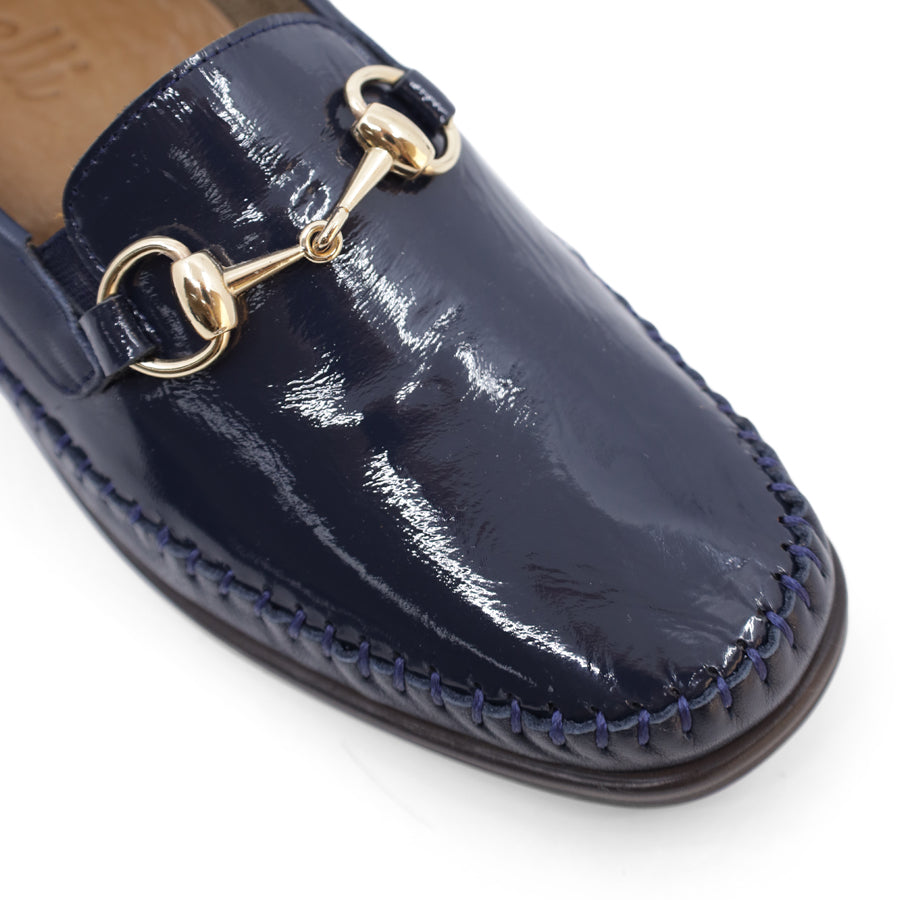 NAVY BLUE LEATHER PATENT GOLD BUCKLE SLIP ON LOAFER