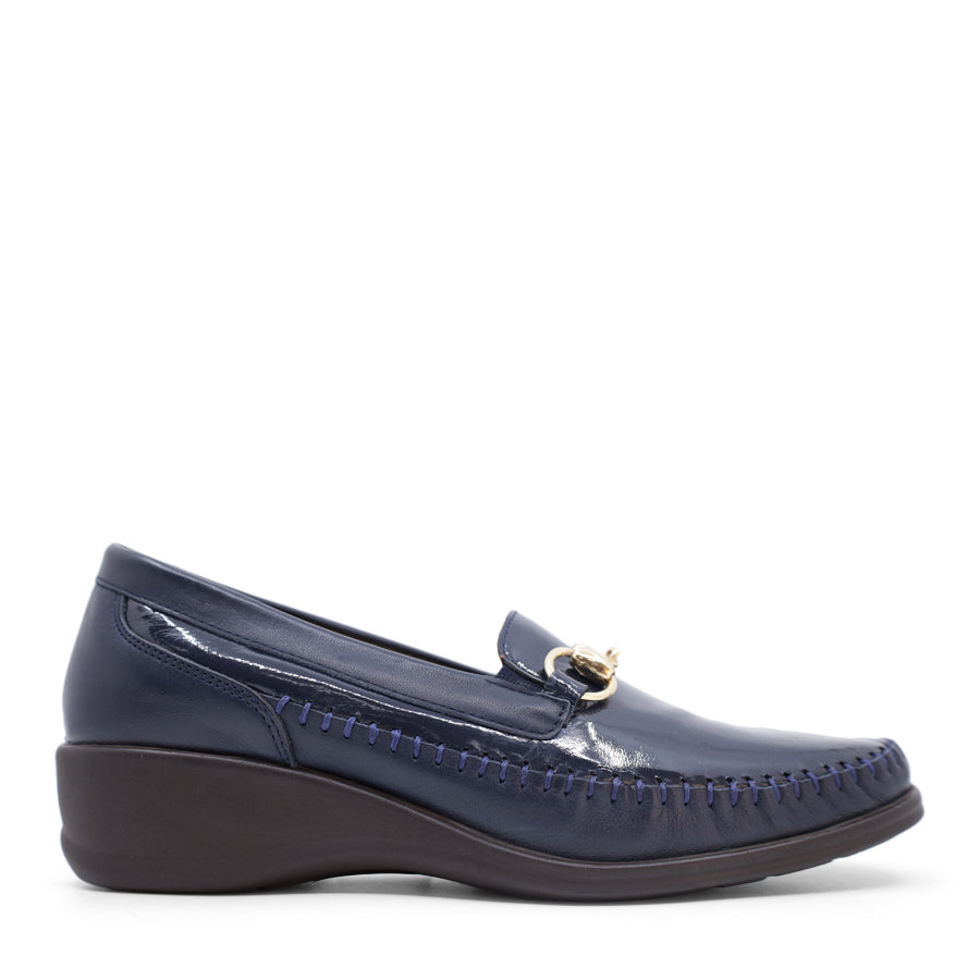 NAVY BLUE LEATHER PATENT GOLD BUCKLE SLIP ON LOAFER