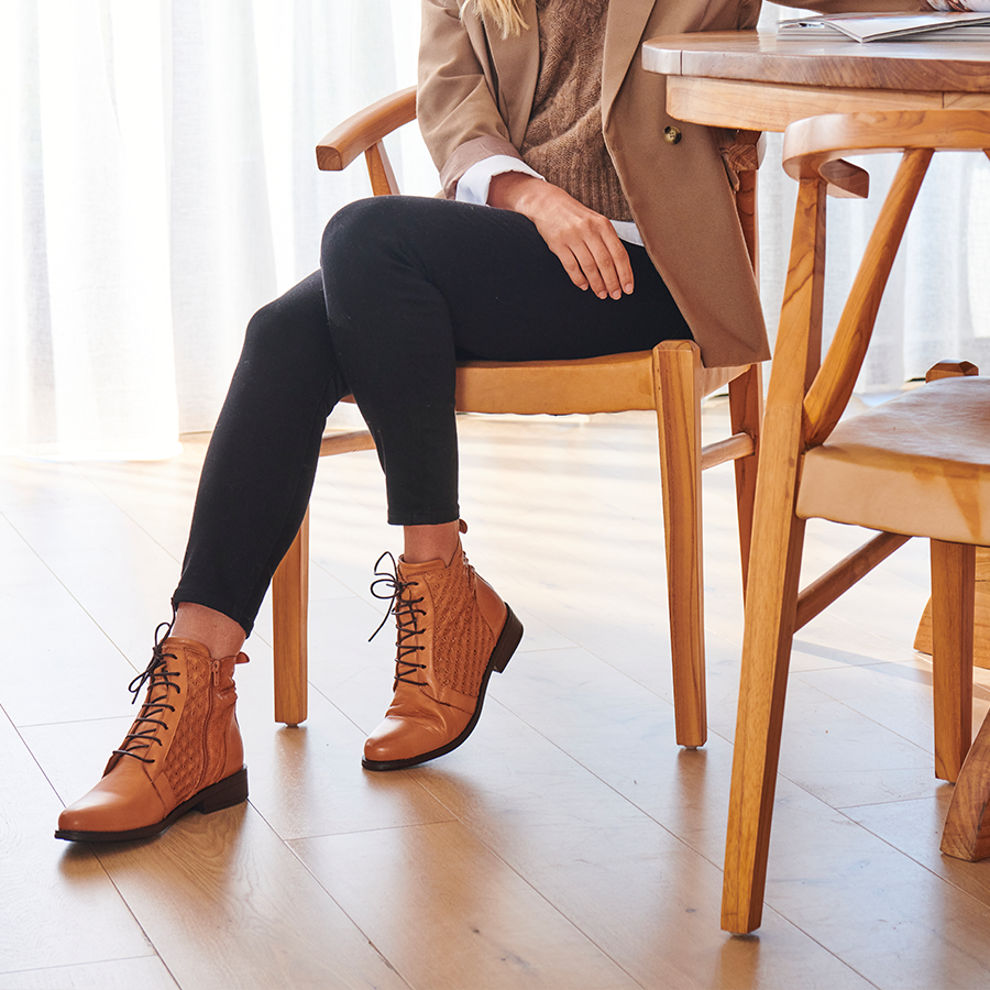 COCONUT TAN EMBOSSED PATTERN ZIP UP LACE UP ANKLE BOOT